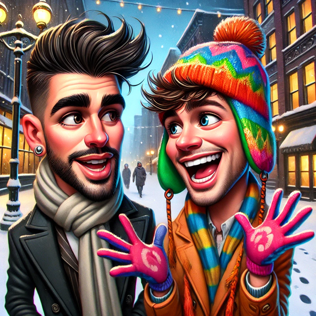 Two friends talking in snowy Minneapolis