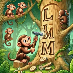 A monkey carves "LMM" into a tree while other monkeys observe from a nearby branch.
