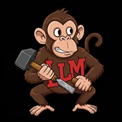 A monkey wearing a sweater that reads "LLM" is holding a chisel and a hammer.
