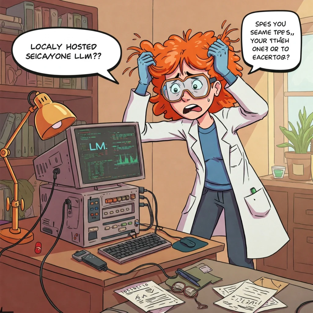 Cartoon where a scientist is pulling her hair while trying to host a local LLM