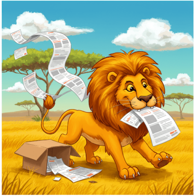 Cartoon of lion eating papers