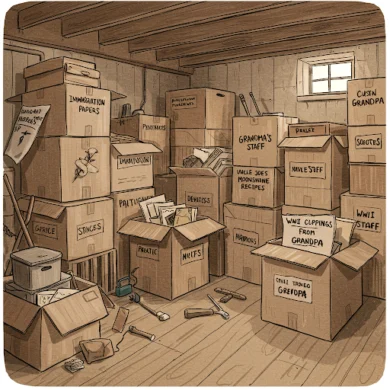 Here is a drawing of boxes piled in a basement with the following labels: Immigration Papers, Grandma's stuff, Uncle Joe's moonshine recipes, Navy stuff, WWII clippings from GrandPa, and some others