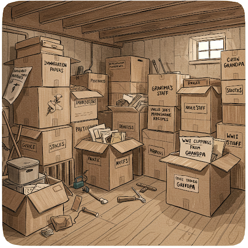 mongodb_1 Here is a drawing of boxes piled in a basement with the following labels: Immigration Papers, Grandma's stuff, Uncle Joe's moonshine recipes, Navy stuff, WWII clippings from GrandPa, and some others