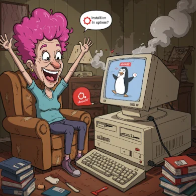 A humorous cartoon depicting a person with a bewildered expression attempting to install Ubuntu Linux on an antiquated personal computer.