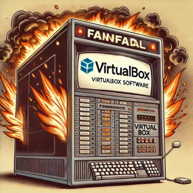 Old large computer running virtualbox and flames coming from the back of the computer. it should be a webp format.