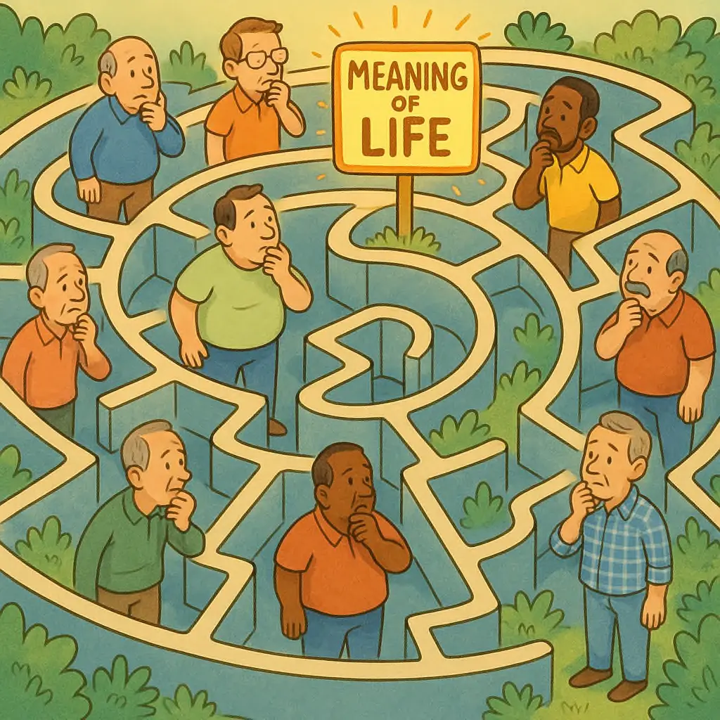 50 year olds guys of all shapes and colors in a maze, where the center of a maze says "Meaning of Life".