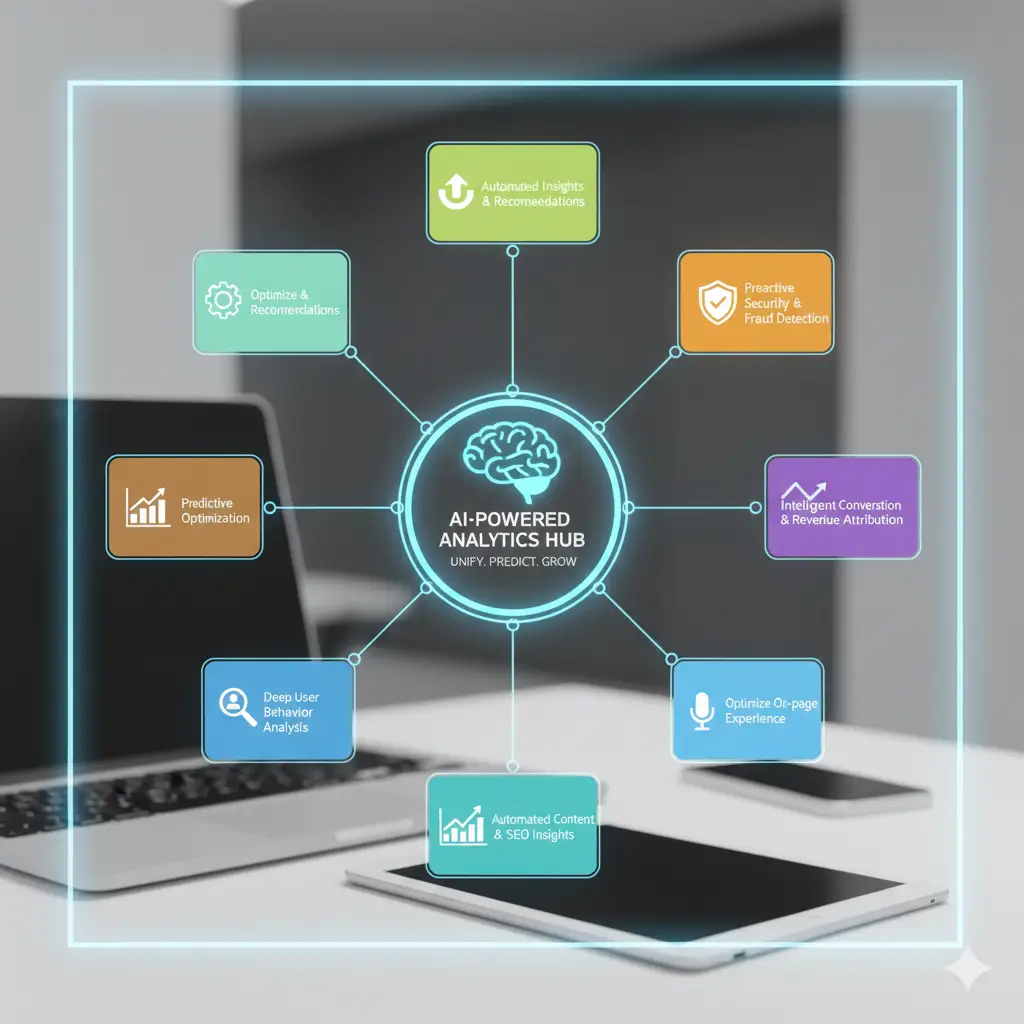 Illustration of an “AI-powered analytics hub” shown as a glowing central circle with a brain icon and the words “AI-Powered Analytics Hub – Unify. Predict. Grow” connected by lines to eight colorful boxes around it, each labeled with benefits like predictive optimization, deep user behavior analysis, automated content and SEO insights, proactive security and fraud detection, intelligent conversion and revenue attribution, and optimization and recommendation features, all floating over a blurred photo of a laptop and tablet on a desk.