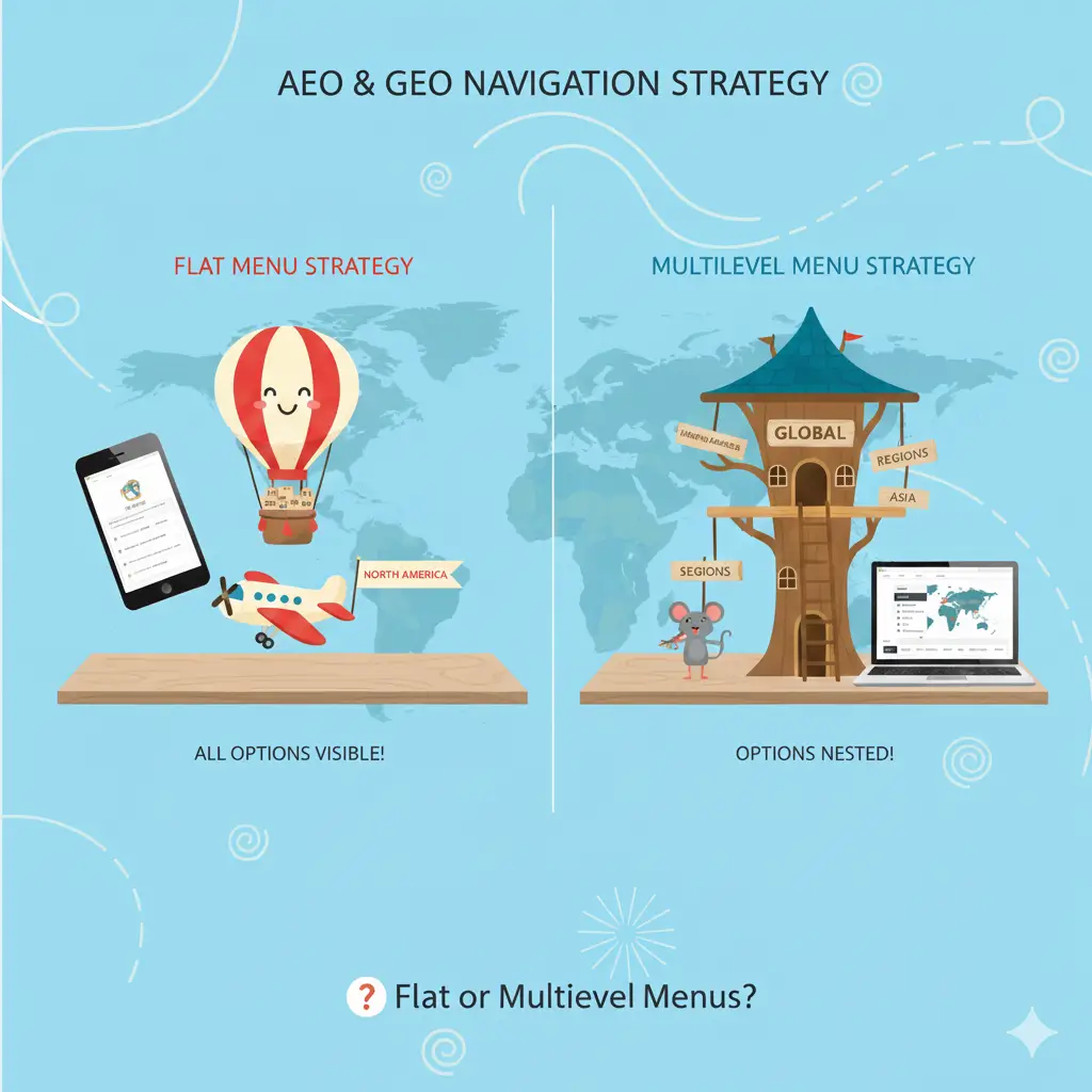 Illustration comparing AEO & GEO navigation strategies: a flat menu with all options visible versus a multilevel menu with nested global and regional sections.