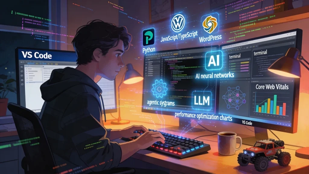 A full-stack developer deeply focused on coding at a multi-monitor desk in a cozy office. Screens show VS Code, terminals, Core Web Vitals graphs, JavaScript/Python code, WordPress elements, and AI neural networks.