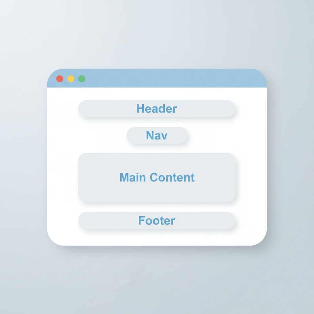 Ilustración sencilla de una ventana de navegador que muestra una página web dividida en cuatro secciones claras: una franja superior etiquetada “Header”, una banda debajo etiquetada “Nav”, un área central grande etiquetada “Main Content” y una franja inferior etiquetada “Footer”, con diseño plano y colores suaves pensada para explicar la estructura básica de una página a personas no técnicas.