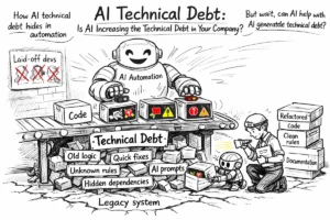 Hand-drawn black-and-white illustration of a workshop where a friendly robot labeled ‘AI Automation’ rapidly produces boxes labeled ‘Code,’ ‘Reports,’ and ‘Tickets’ on a conveyor belt. The boxes appear perfect on the outside, but a cutaway view reveals cracks, bugs, and warning symbols inside. Beneath the workbench is a messy pile labeled ‘Technical Debt,’ made of blocks reading ‘Old logic,’ ‘Quick fixes,’ ‘Unknown rules,’ ‘AI prompts,’ and ‘Hidden dependencies,’ sitting on a cracked floor labeled ‘Legacy system.’ On the left wall, a faded poster shows ‘Laid-off devs’ with crossed-out faces. On the right, a human engineer labeled ‘AI Overseer’ inspects outputs with a flashlight while a small helper robot pulls defective boxes off the belt and stacks improved ones labeled ‘Refactored code,’ ‘Clean rules,’ and ‘Documentation.’ The scene is titled ‘AI Technical Debt: Is AI Increasing the Technical Debt in Your Company?’ with side notes about hidden debt in automation and whether AI can help fix it.