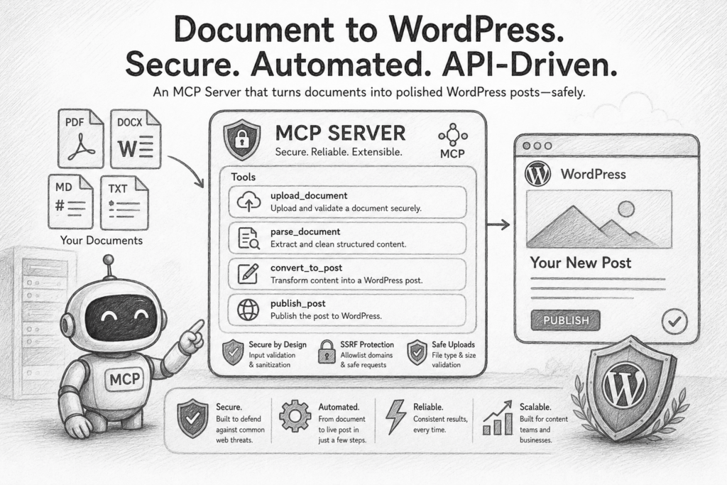Black-and-white pencil drawing of a secure MCP server workflow. On the left, document icons for PDF, DOCX, Markdown, and TXT feed into a central MCP Server panel. The server displays four tools: upload_document, parse_document, convert_to_post, and publish_post. Security features such as SSRF protection, safe uploads, and input validation are highlighted with shield icons. On the right, a WordPress publishing interface shows a completed blog post ready to publish. A small robot labeled “MCP” stands beside the workflow, emphasizing automation, reliability, and secure API-driven content publishing.