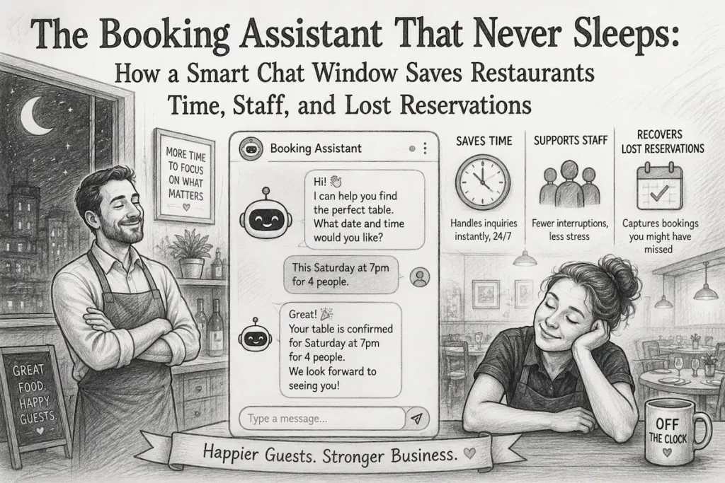 Black-and-white pencil sketch showing a restaurant at night with a large chat window in the center representing an AI booking assistant. A smiling restaurant owner stands confidently on one side while a relaxed staff member sits on the other. The chat assistant confirms reservations automatically, alongside illustrated icons for time savings, staff support, and recovered bookings. The headline reads: “The Booking Assistant That Never Sleeps: How a Smart Chat Window Saves Restaurants Time, Staff, and Lost Reservations.