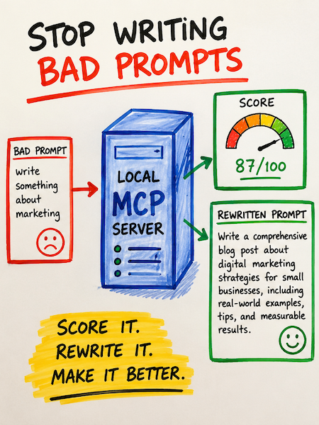Marker-style sketch of a “Local MCP Server” improving a bad AI prompt into a detailed rewritten prompt, alongside a score gauge increasing from low to high quality.