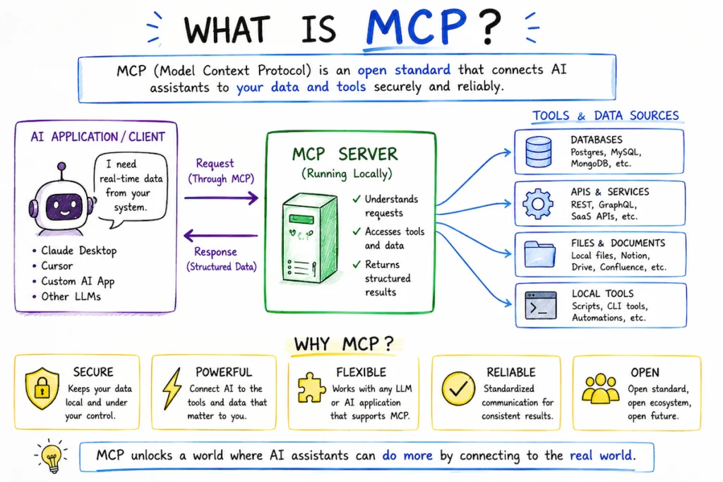 Marker-style infographic titled “What is MCP?” showing an AI client communicating with a local MCP server that connects to databases, APIs, files, and local tools, alongside benefits including security, flexibility, reliability, and open standards.
